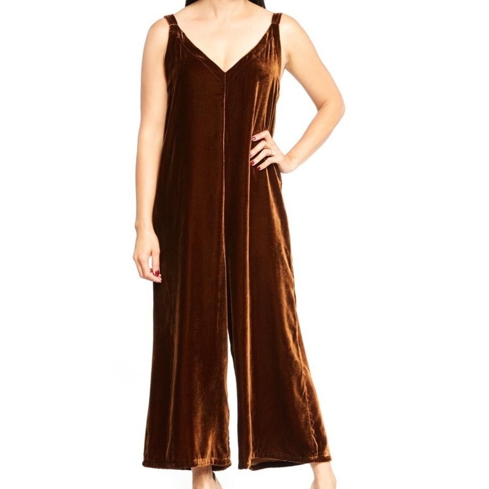 LACAUSA Velvet Santi Jumpsuit Womens Size S Brown Wide Leg V-Neck Old Money Luxe